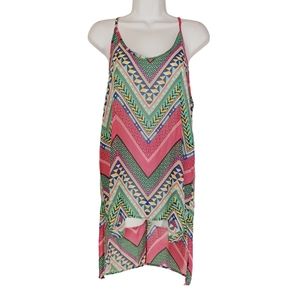 CL22 Colorful Pink Green Tribal Geometric Print Racerback Hi Low Tunic Top L